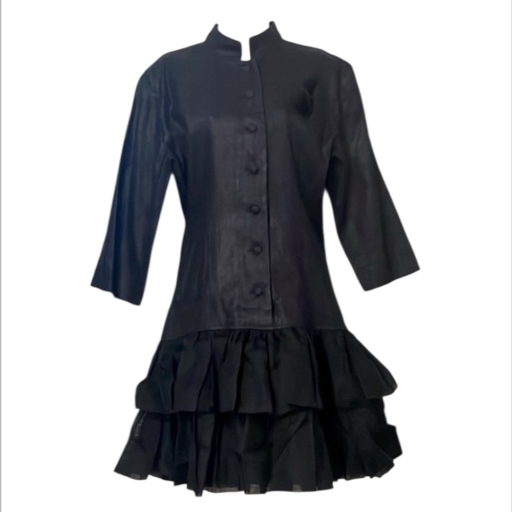 Rose Marie Woulfe for Pret NY Vintage Chic Black Silk Button-Up Dress Ruffle Hem